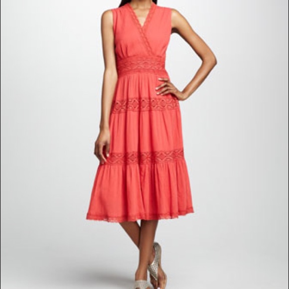 Beautiful coral gauze dress with lace accents